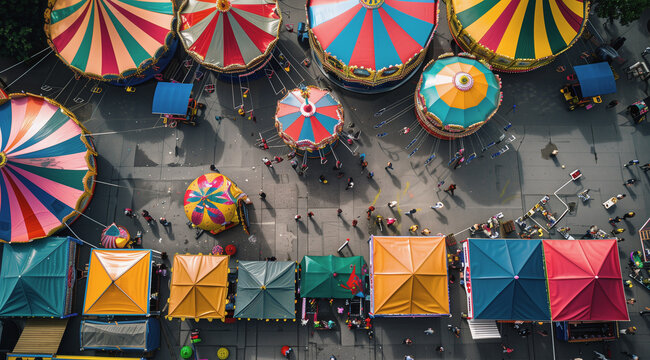 A vibrant aerial shot captures the lively essence of an amusement park, with its various tents, rides,