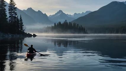 Foto op Canvas A man paddling a kayak on a calm lake in the mountains © ASGraphics