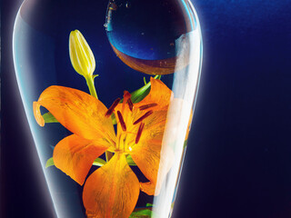 Orange color lily flower bouquet inside glass jar on dark background. Abstract nature beauty background.