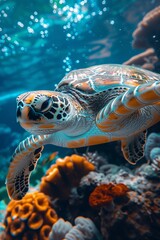 Fototapeta premium Submerged turtle amidst broken coral reef, backdrop with space, evoking environmental awareness and serenity