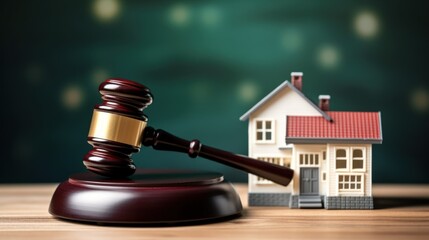 A judge's gavel sits on a wooden surface next to a house