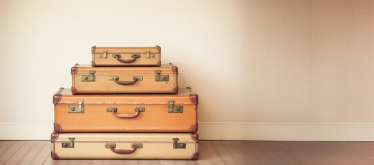 A pile of stacked suitcases on a minimal background.