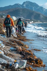 Volunteers diligently clean beach, tidying up rubbish and removing oil stains for pristine shores.