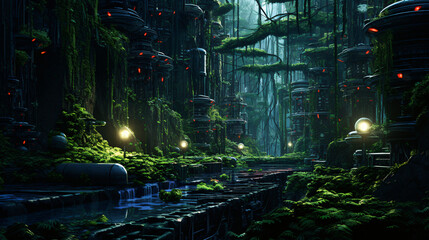 A cybernetic jungle where nature and technology blend