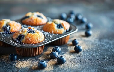 Freshly Baked Blueberry Muffins Cooling in a Tin Tray