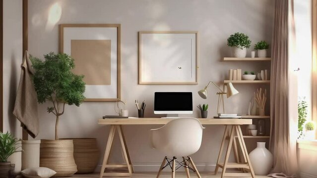 3d rendering. Cozy workplace interior at home with frame mockup.