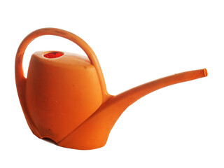 Orange color small size watering can on white isolated background. Simple design. Plastic product...
