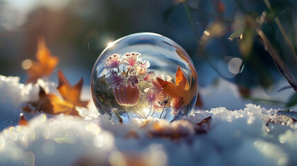 A water crystal in winter and contains some flowers inside it, AI Generative.