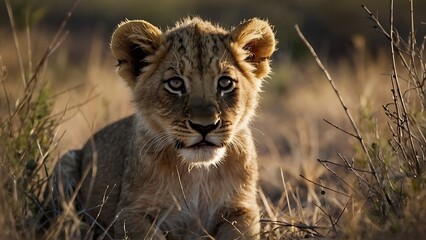a lion cub is standing in the grass.
