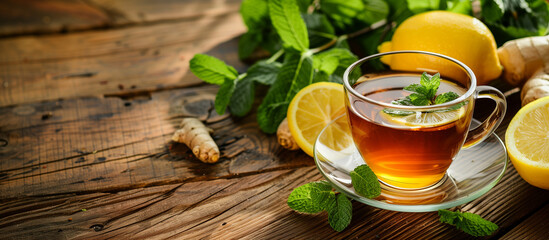 Cup of tea with herbs - obrazy, fototapety, plakaty