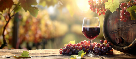 Naklejka premium Glass Of Wine With Grapes And Barrel On A Sunny Background. I