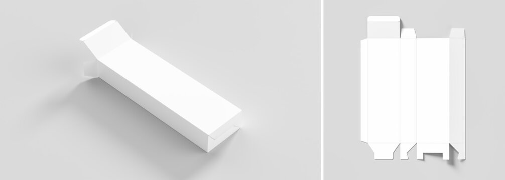 Unfolded and folded box mock up isolated on white background. Cosmetics or medicine box mock up. 3D illustration.