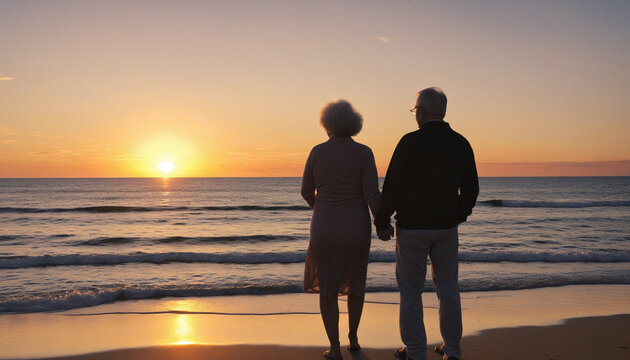 older couple watching a sunset at the beach colourful background