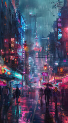 city at night, night view of the city, city skyline at night, Melancholic, bitter-sweet neon sunset. Cyberpunk. City. Crowded people. Rain