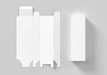 Unfolded and folded box mock up isolated on white background. Cosmetics or medicine box mock up. 3D illustration. - 765500699