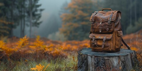 Amidst nature's grandeur, an old-fashioned leather backpacker pauses at a forest stump.
