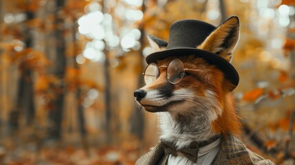 Naklejka premium Dapper fox gentleman wearing vintage glasses and bowler hat on Autumn Forest outdoor background with copy space.