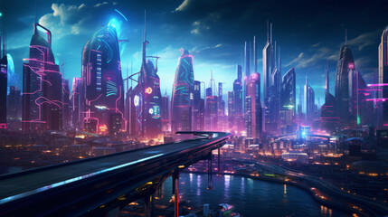 Fototapeta na wymiar A cyberpunk cityscape with neon lights and futuristic