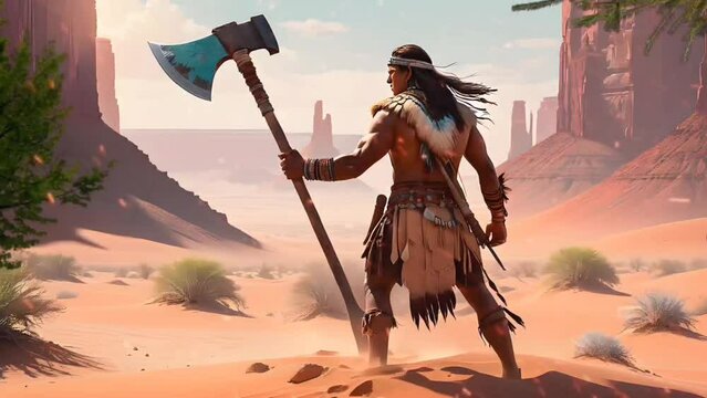 American Indian warrior with axe in the desert. Seamless looping time-lapse 4k video animation background