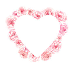 Watercolor floral heart shaped arrangement of pink roses. Wedding floral heart wreath composition., roses frame clipart. Valentine's Day postcards and greeting cards design.