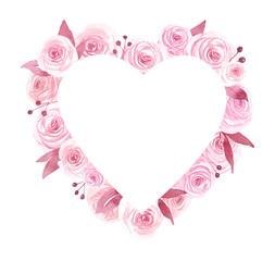 Watercolor floral heart shaped arrangement of pink roses. Wedding floral heart wreath composition., roses frame clipart. Valentine's Day postcards and greeting cards design.