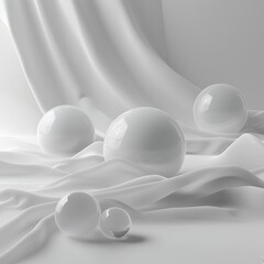 White spheres on draped satin fabric. Minimalist 3D composition for abstract art and design
