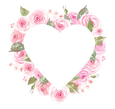 Watercolor floral heart shaped arrangement of pink roses. Wedding floral heart wreath composition., roses frame clipart. Valentine's Day postcards and greeting cards design.