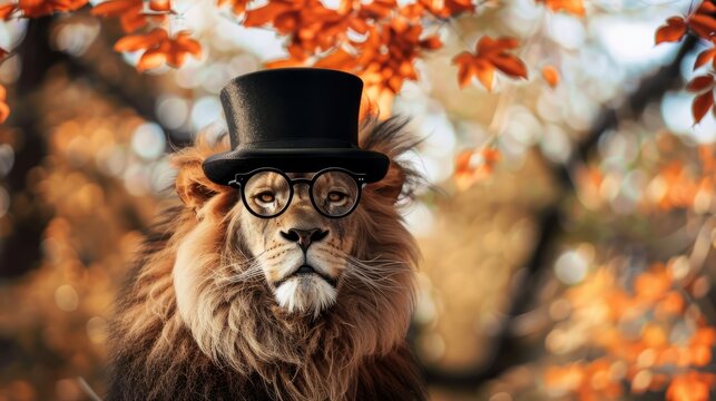 Dapper lion gentleman wearing vintage glasses and bowler hat on Autumn Forest outdoor background with copy space.