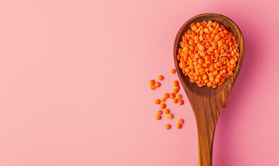 red lentils in a wooden spoon seen from above on a pastel pink background, top view banner with copy 
 - obrazy, fototapety, plakaty