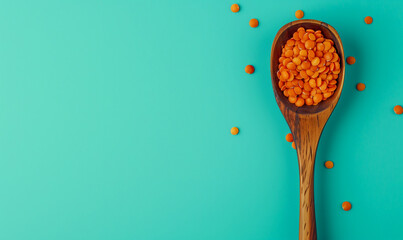 red lentils in a wooden spoon seen from above on a pastel blue / green background, top view banner with copy 
 - obrazy, fototapety, plakaty