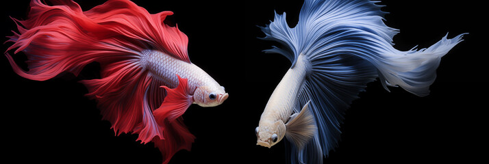 Panorama siamese fighting fish, isolated on black background