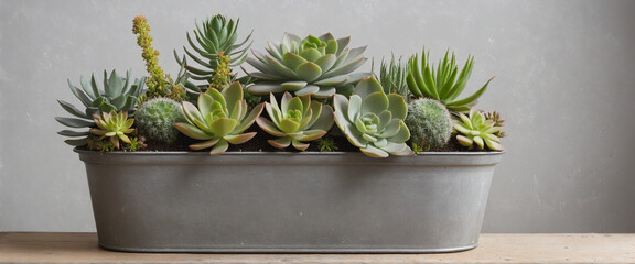 Bunch / group of succulents potted in a grey vintage French zinc pot, isolated, flat lay / top view colourful background