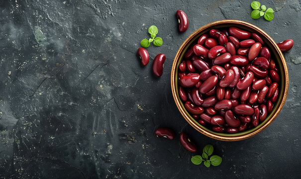 red beans in a bowl seen from above on a granite table top background, top view banner with copy 
