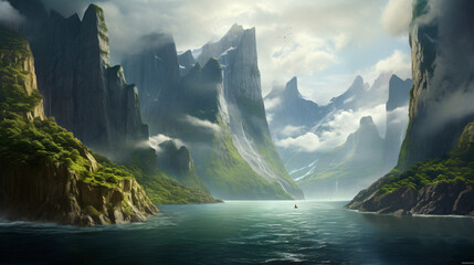 A dramatic fjord surrounded by towering cliffs  - obrazy, fototapety, plakaty