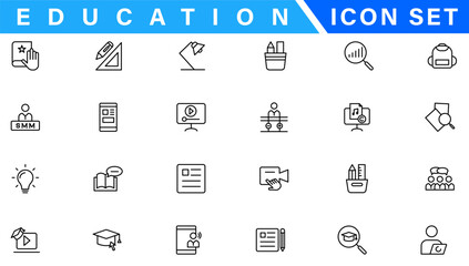 Education and Learning web icons in line style. School, university, textbook, learning. Vector illustration.