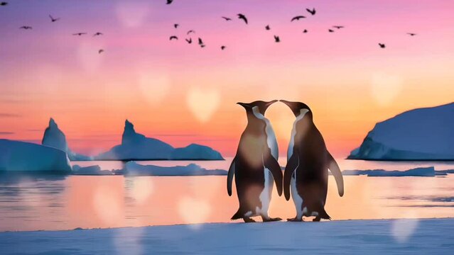 Couple of penguin in the cold sea. Seamless looping time-lapse 4k video animation background