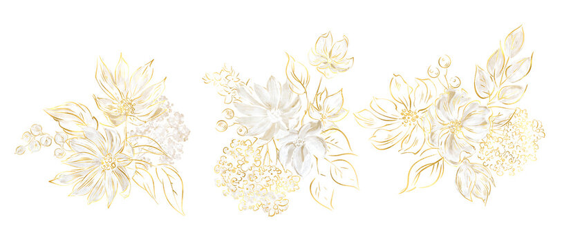 Botanical linear golden flower design. Golden Linear floral leaves and flowers set, Bright shining golden floral bouquets. Invitation templates, wedding cards, 