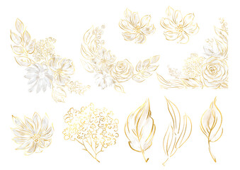 Botanical linear golden flower design. Golden Linear floral leaves and flowers set, Bright shining golden floral bouquets. Invitation templates, wedding cards, 