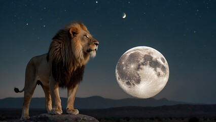 Lion on the edge of a cliff with full moon in the background
