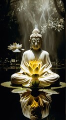 a white godly golden zeno light made of fire and thunder in a stoic buddha lotus meditation in middle of water pond