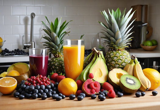 Variety of tropical fruits, berries and other foods on a kitchen counter to prepare a healthy juice or smoothie colourful background