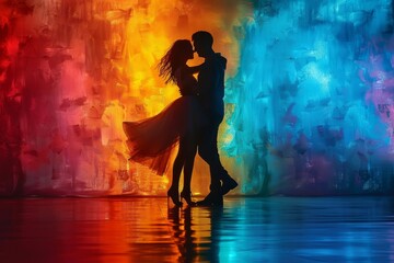 Side view silhouette of young couple dancing against colored dramatic background, Generative AI