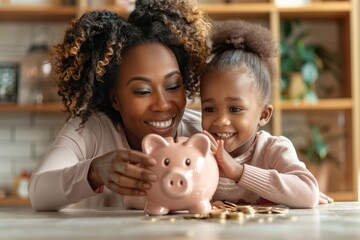 Smiling african american mother helping daughter putting money in piggy bank. Cute little black girl saving money by adding a coin in piggy bank with mother at, Generative AI