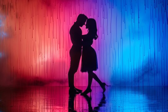 Side view silhouette of young couple dancing against colored dramatic background, Generative AI