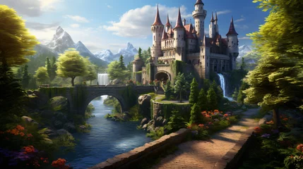 Washable wall murals Garden A fantasy castle surrounded by a moat and lush gardens