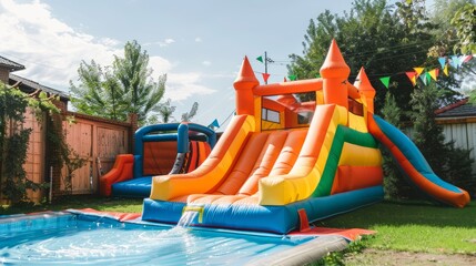 Inflatable bounce house water slide in the backyard, Colorful bouncy castle slide for children playground.