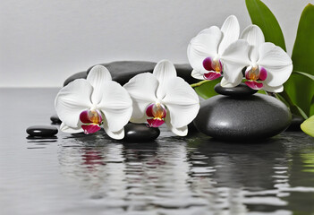 Black and white Orchids and spa stones balance on calm water colourful background