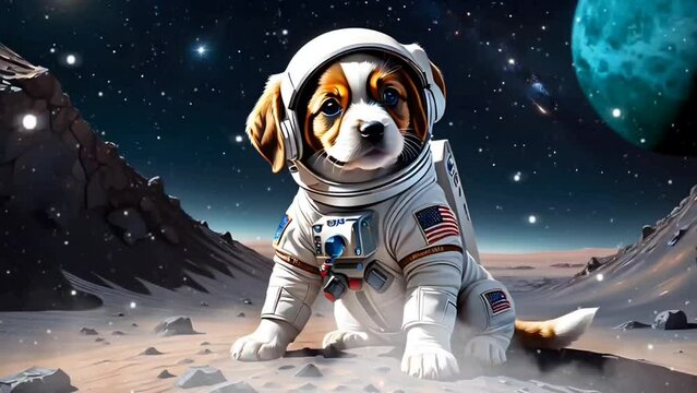 Puppy in astronaut costume in the space. Seamless looping time-lapse 4k video animation background