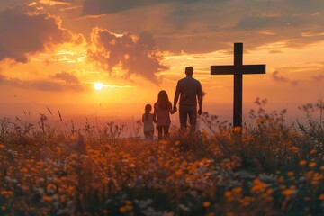 Silhouette of family looking for the cross of Jesus Christ on autumn sunrise background. Easter Sunday concept, Generative AI - obrazy, fototapety, plakaty