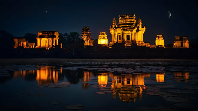 Glowing lanterns floating above Angkor Wat Photo real for Legal reviewing theme ,Full depth of field, clean bright tone, high quality ,include copy space, No noise, creative idea